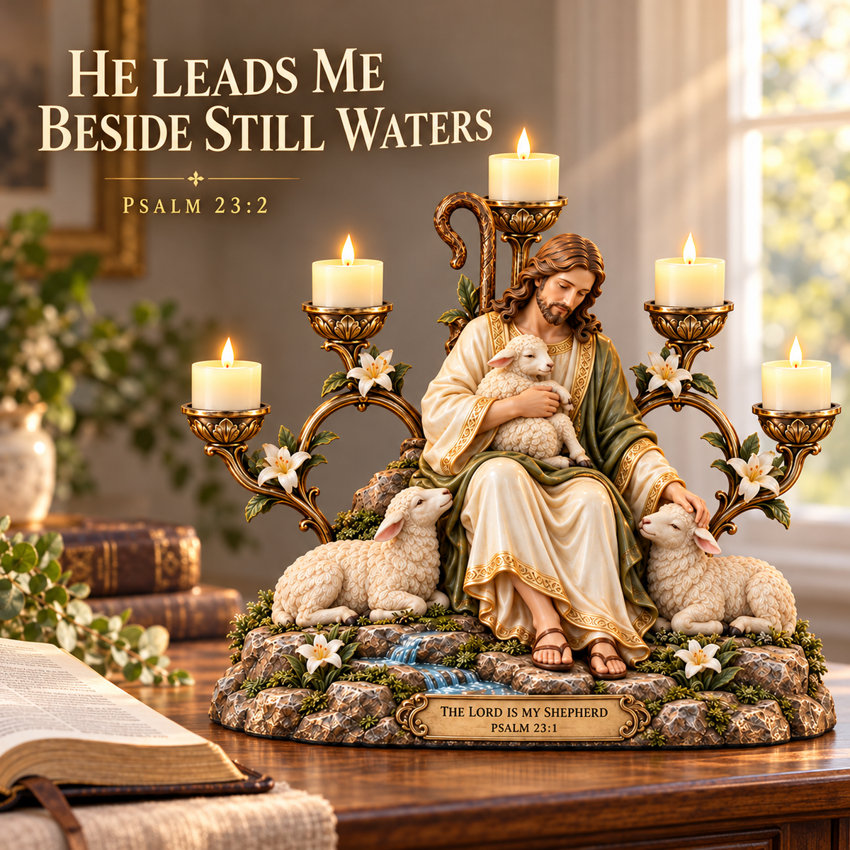 Good Shepherd centerpiece beside an open Bible with the words He Leads Me Beside Still Waters