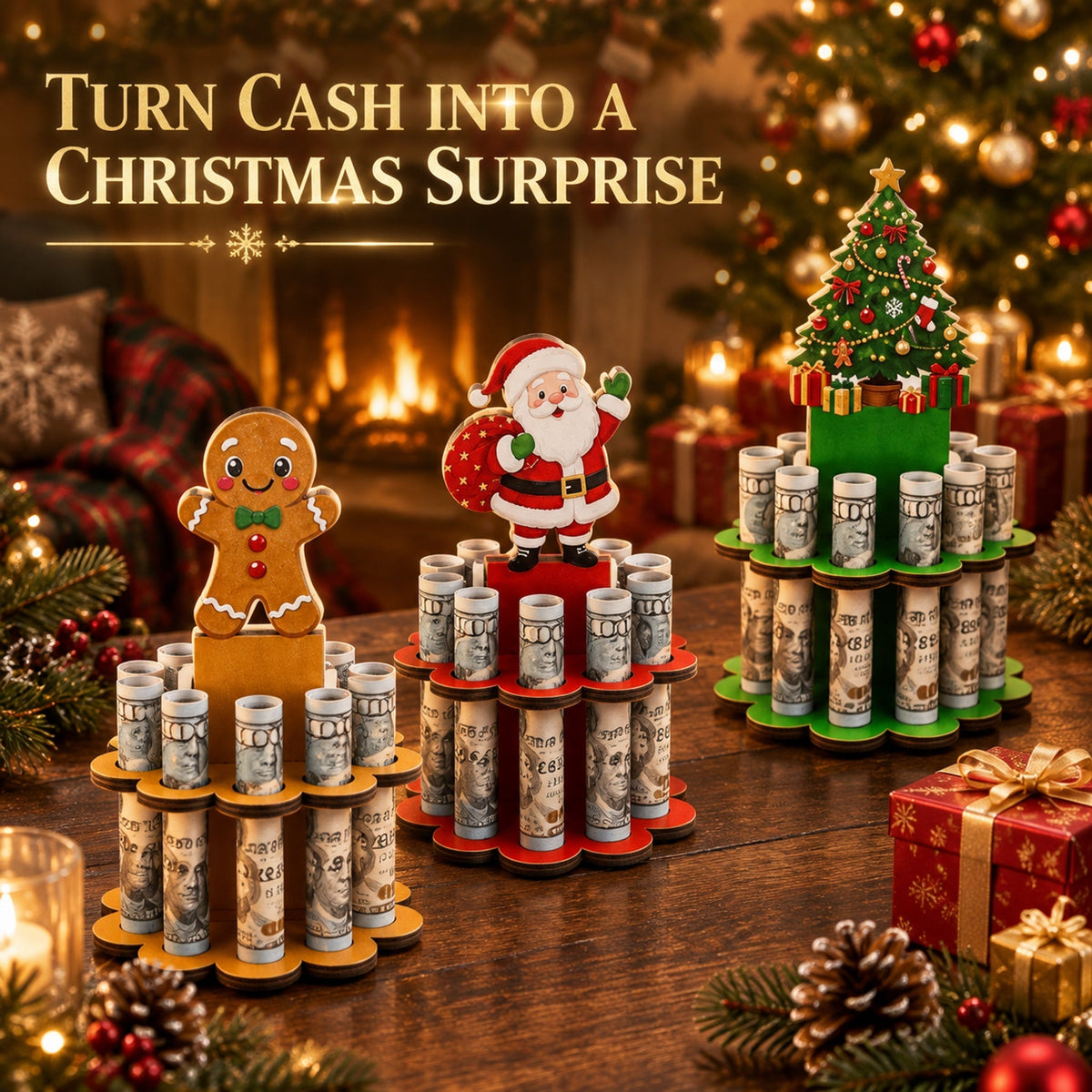 💵Christmas Tabletop Wooden Money Holder -🎁Turn Cash Into a Festive Centerpiece