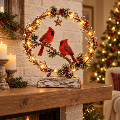 ❤️🐦 Cardinal Glow – Lighted Wreath Tabletop Decor