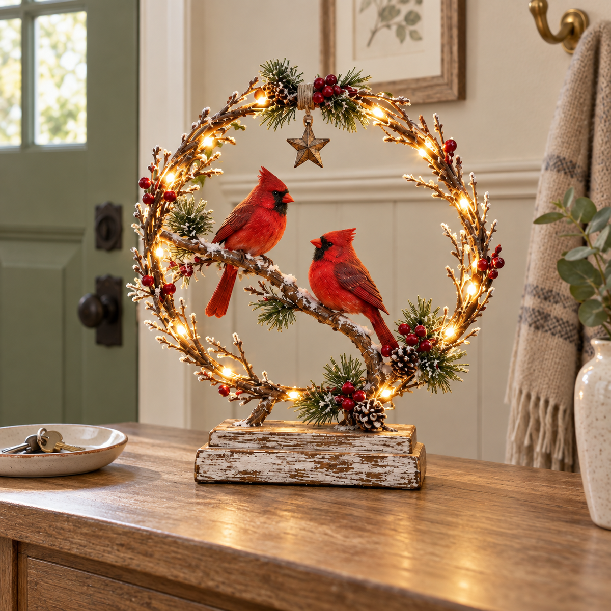 ❤️🐦 Cardinal Glow – Lighted Wreath Tabletop Decor