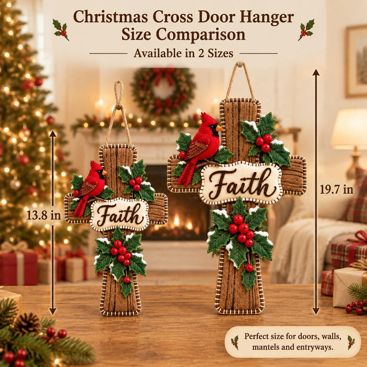 🔥😍Cardinal Cross Door Decor – Winter Holly Faith-Inspired Front Door Accent✝️