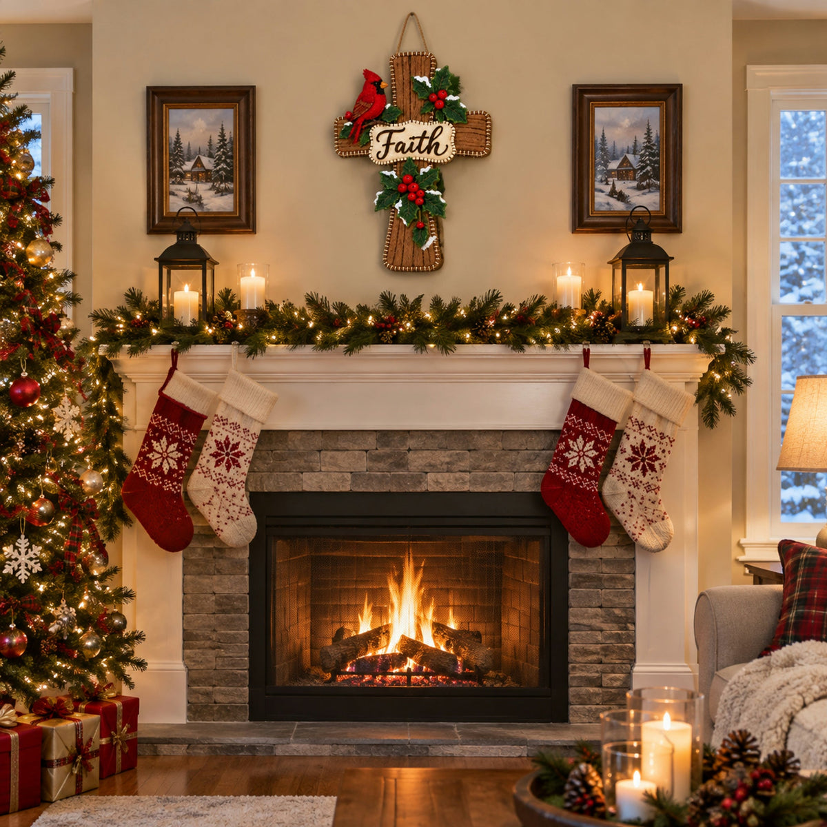 Cardinal Cross displayed above a warm fireplace