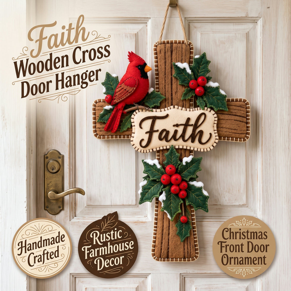 🔥😍Cardinal Cross Door Decor – Winter Holly Faith-Inspired Front Door Accent✝️