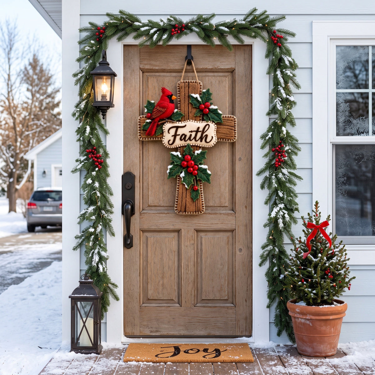 🔥😍Cardinal Cross Door Decor – Winter Holly Faith-Inspired Front Door Accent✝️