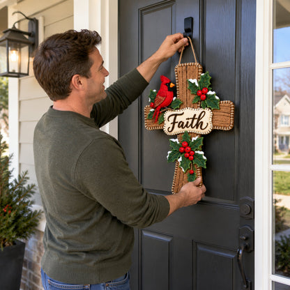 🔥😍Cardinal Cross Door Decor – Winter Holly Faith-Inspired Front Door Accent✝️