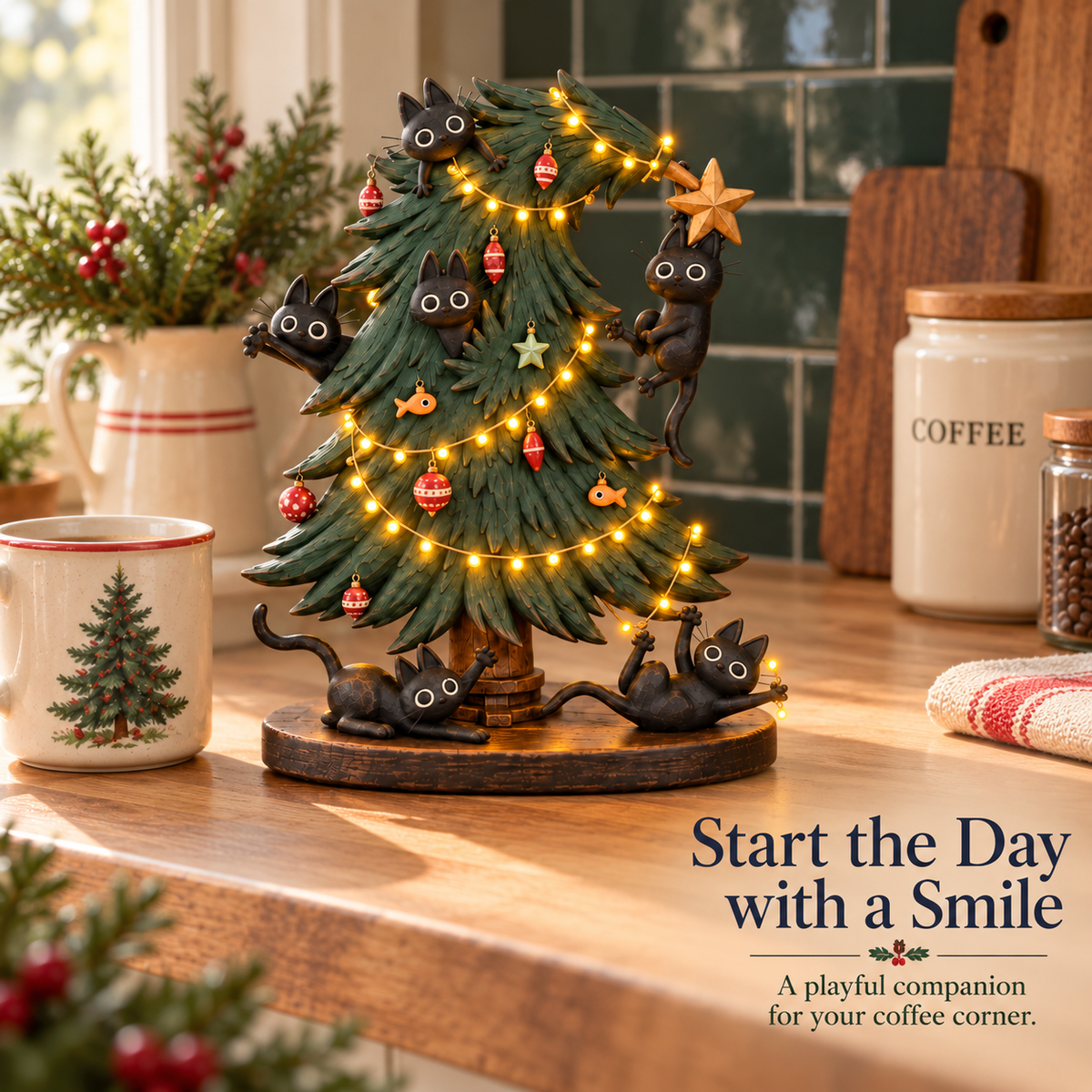 🐈‍⬛🎄 Curious Black Cats Climbing Christmas Tree Figurine ✨