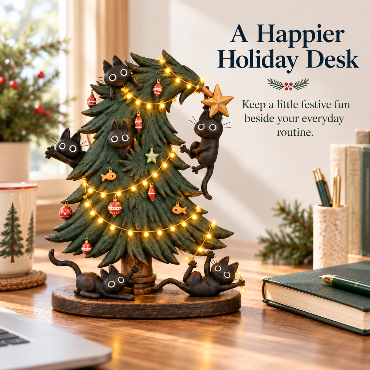 🐈‍⬛🎄 Curious Black Cats Climbing Christmas Tree Figurine ✨