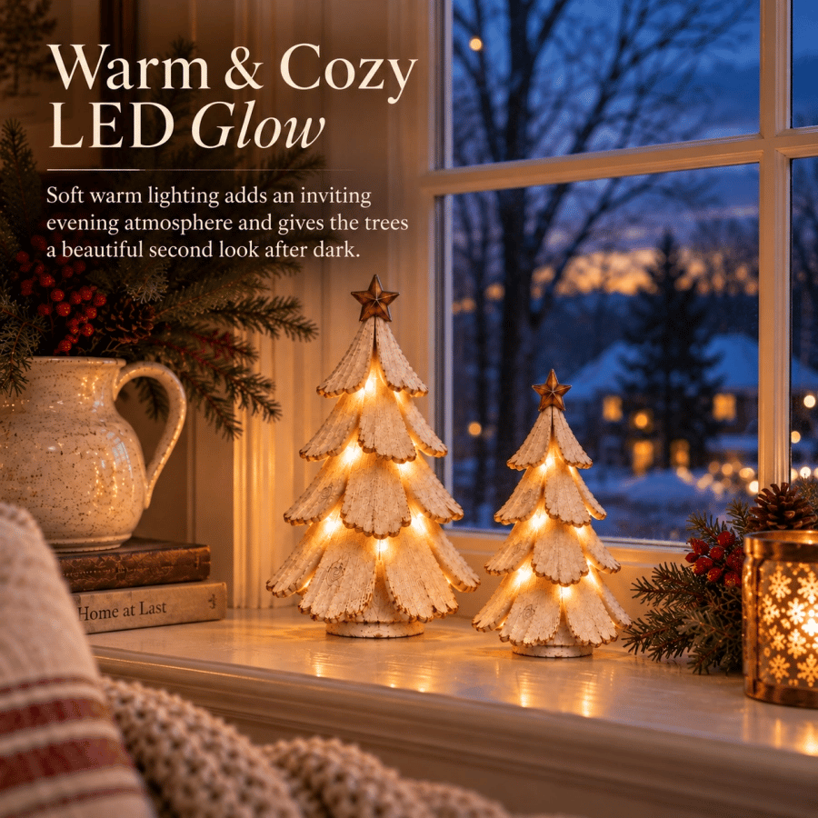 Small and large vintage LED Christmas trees creating a warm glow by a winter window
