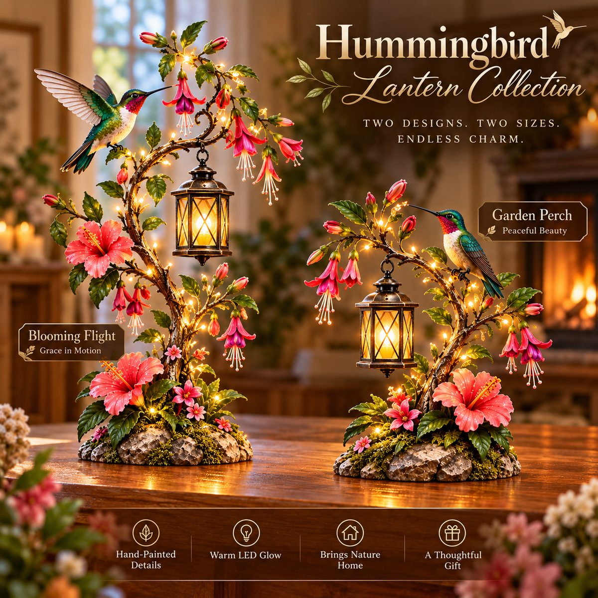 🌺🌺 Hummingbird Garden Glow Lantern – Lighted Floral Tabletop Décor