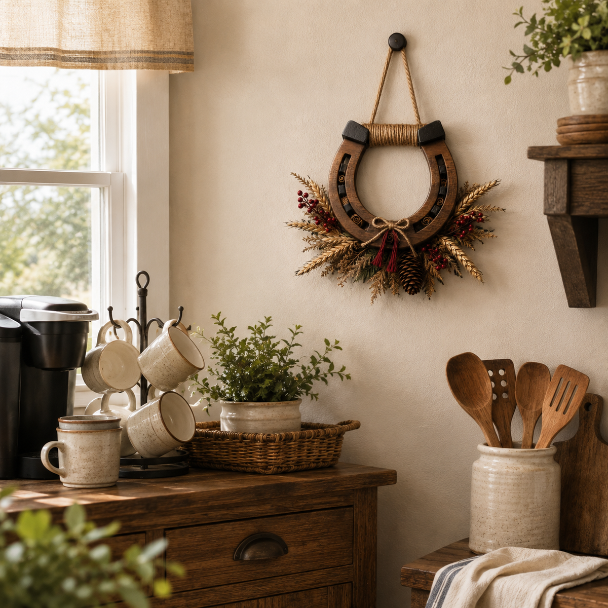 Horseshoe wreath in kitchen