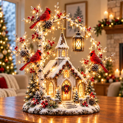🐦⛪✨Winter Chapel Glow – Lighted Church & Cardinal Christmas Display