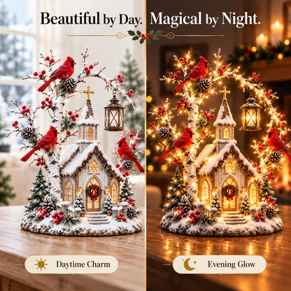 🐦⛪✨Winter Chapel Glow – Lighted Church & Cardinal Christmas Display