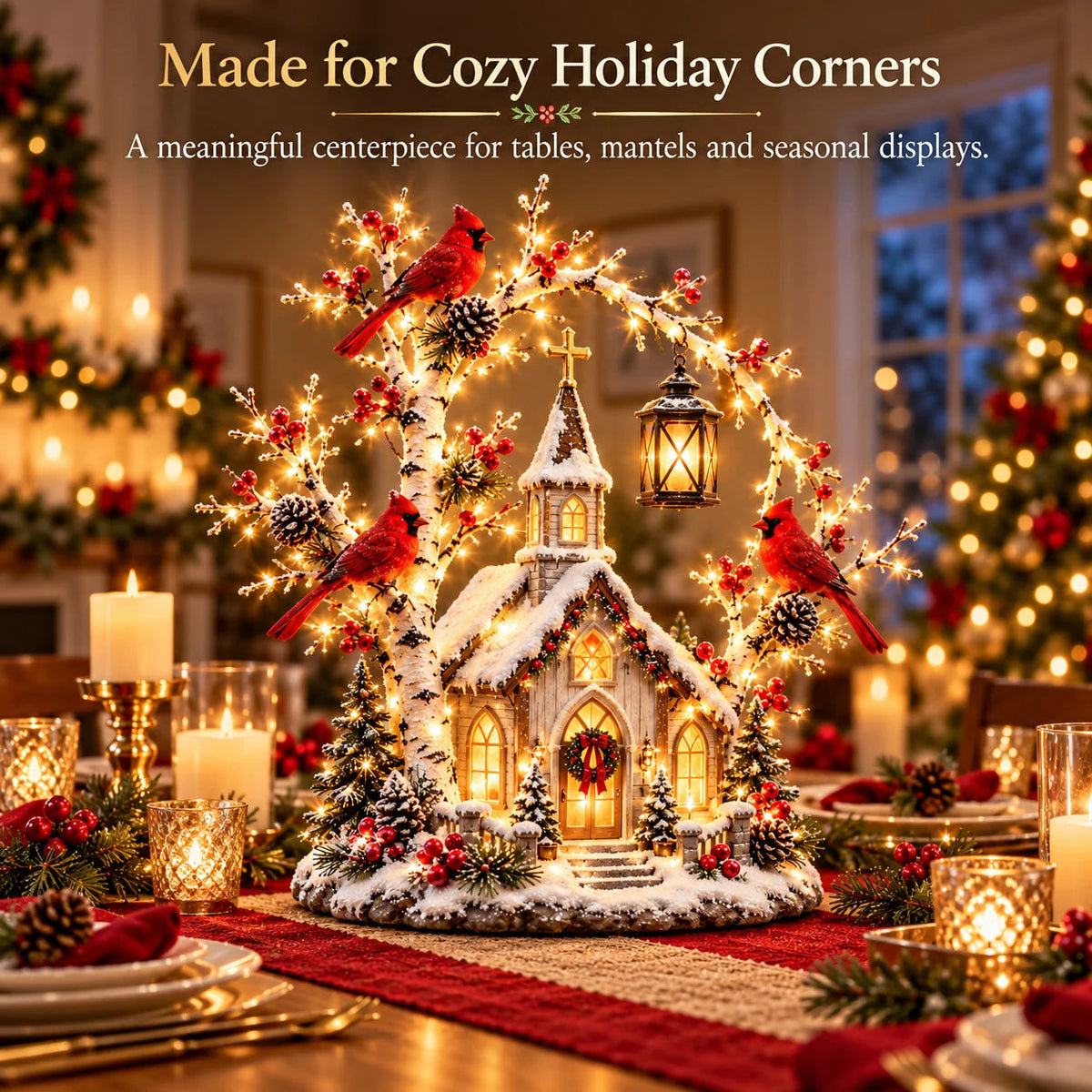 Winter Chapel Glow with red cardinals displayed as a festive Christmas table centerpiece