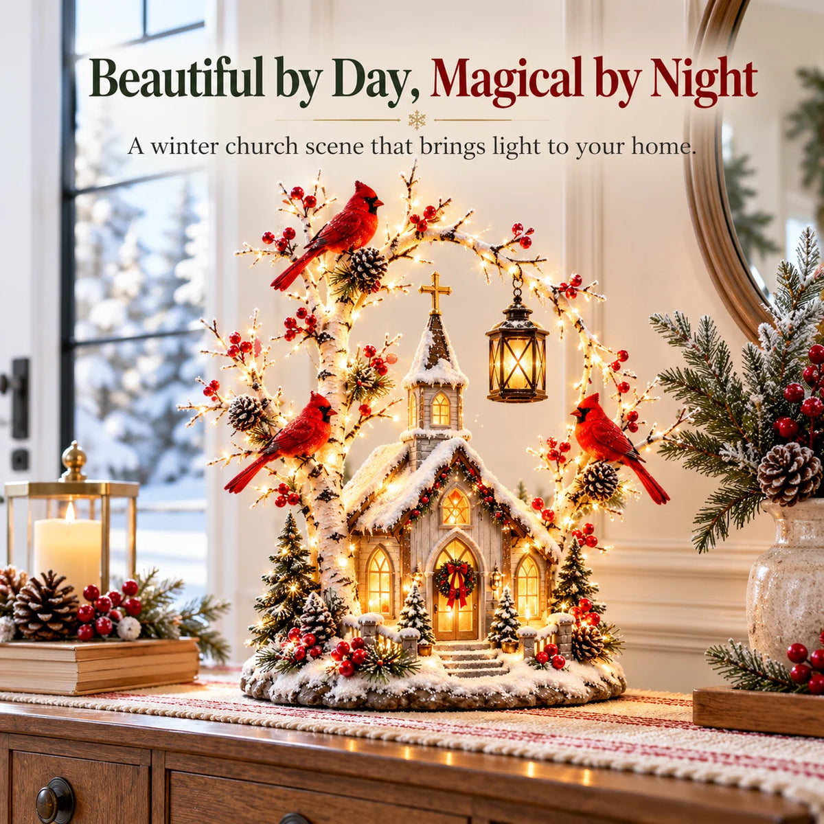 🐦⛪✨ Cardinal Chapel Lantern Tree™ – Lighted Winter Church Christmas Decor