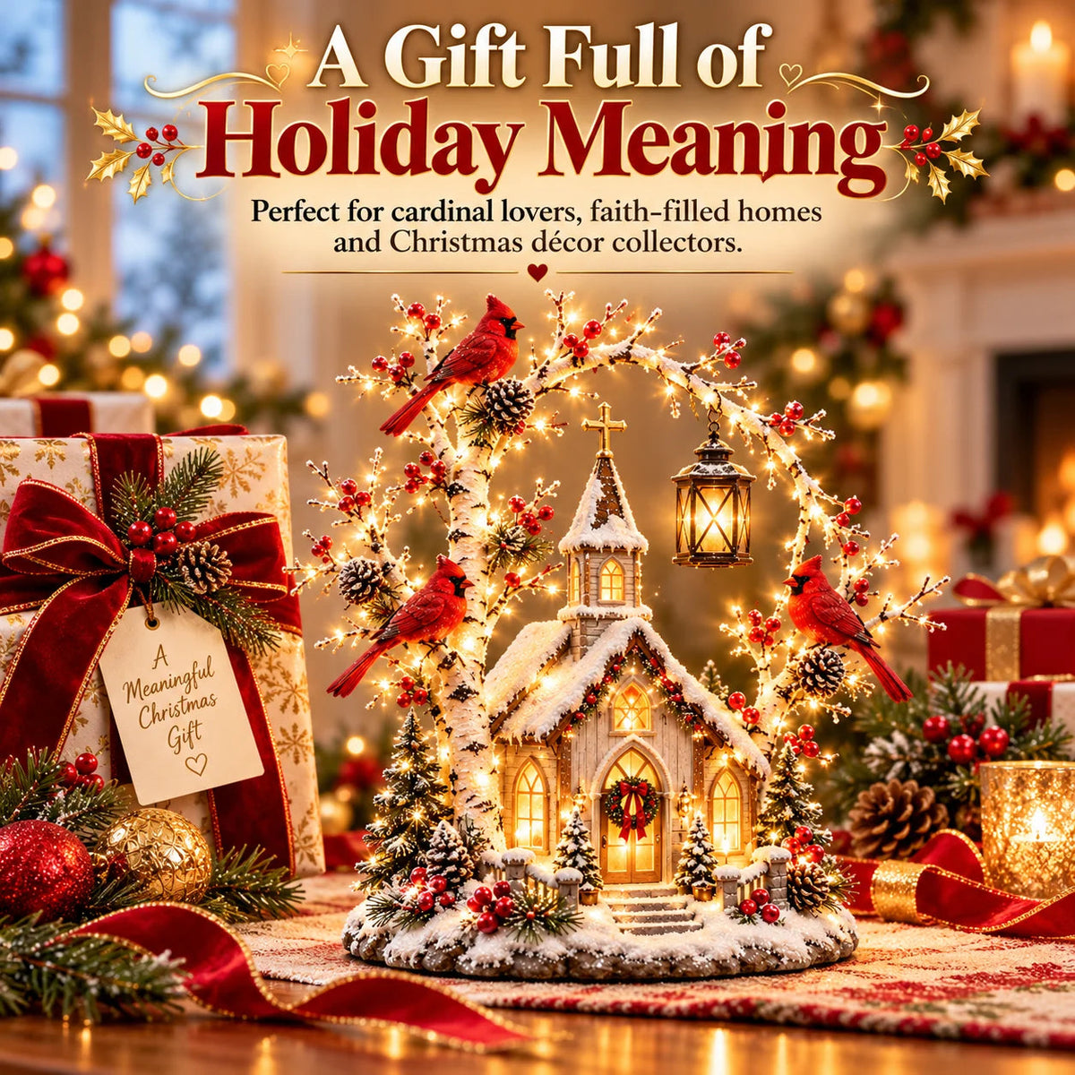 🐦⛪✨Winter Chapel Glow – Lighted Church & Cardinal Christmas Display