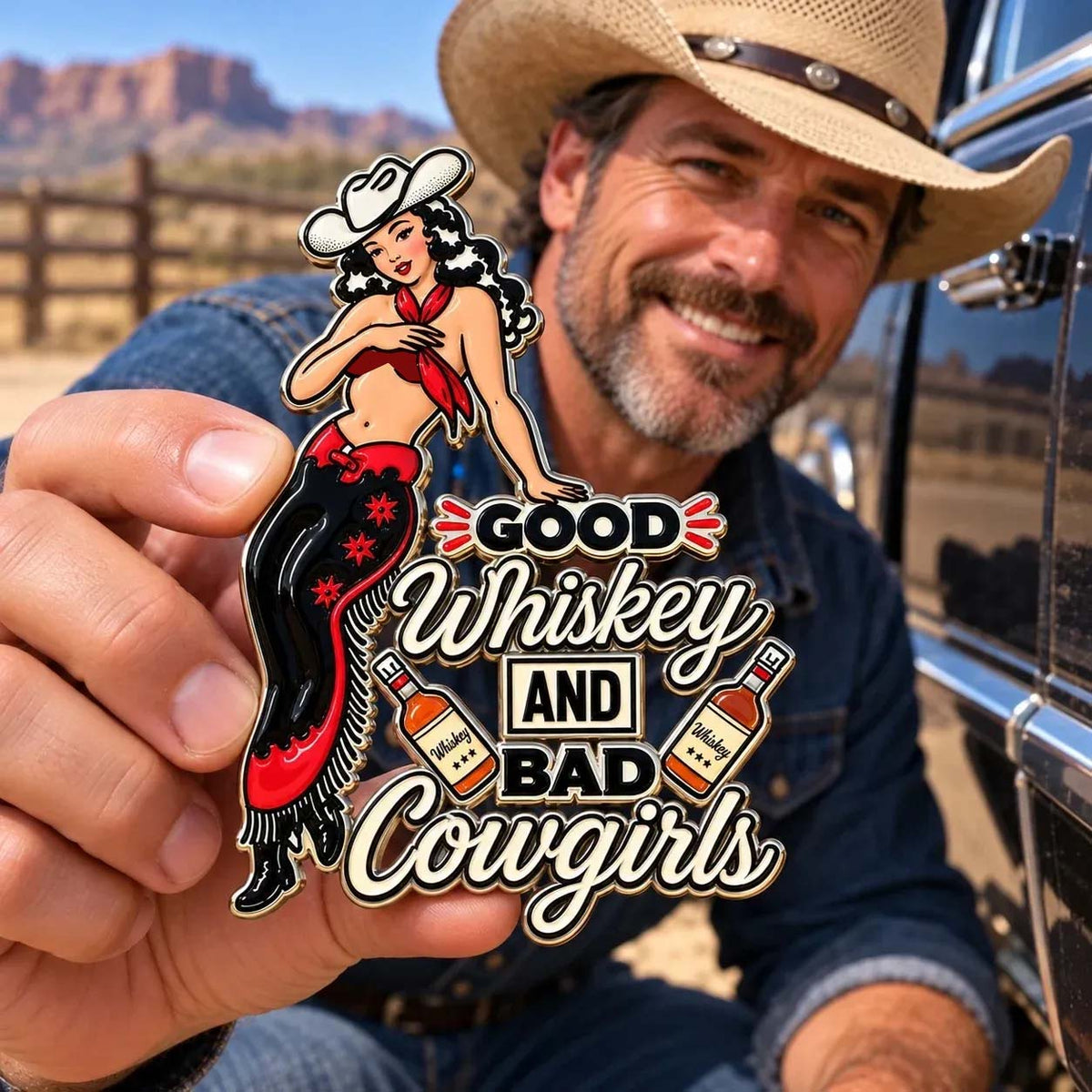 🤠🐎 Good Whiskey & Wild Cowgirls – Vintage Western Metal Car Emblem