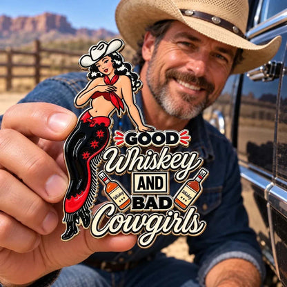 🤠🐎 Good Whiskey & Wild Cowgirls – Vintage Western Metal Car Emblem