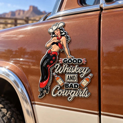 🤠🐎 Good Whiskey & Wild Cowgirls – Vintage Western Metal Car Emblem