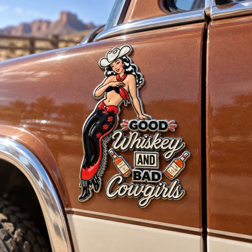 🤠🐎 Good Whiskey & Wild Cowgirls – Vintage Western Metal Car Emblem