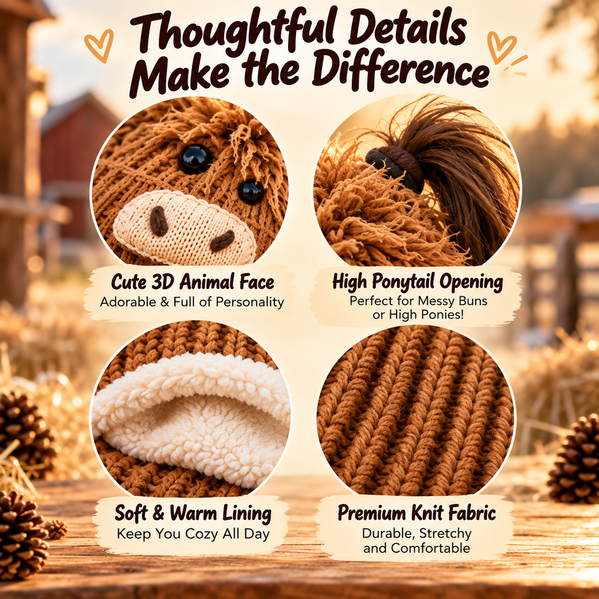 Detailed views of the animal face, ponytail opening, soft lining and knitted fabric