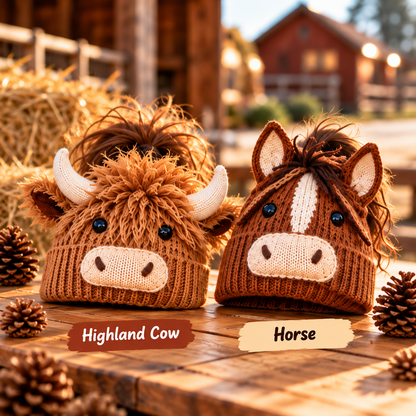🐮🐴 Highland Cow & Horse Ponytail Beanie – Cozy Winter Hat