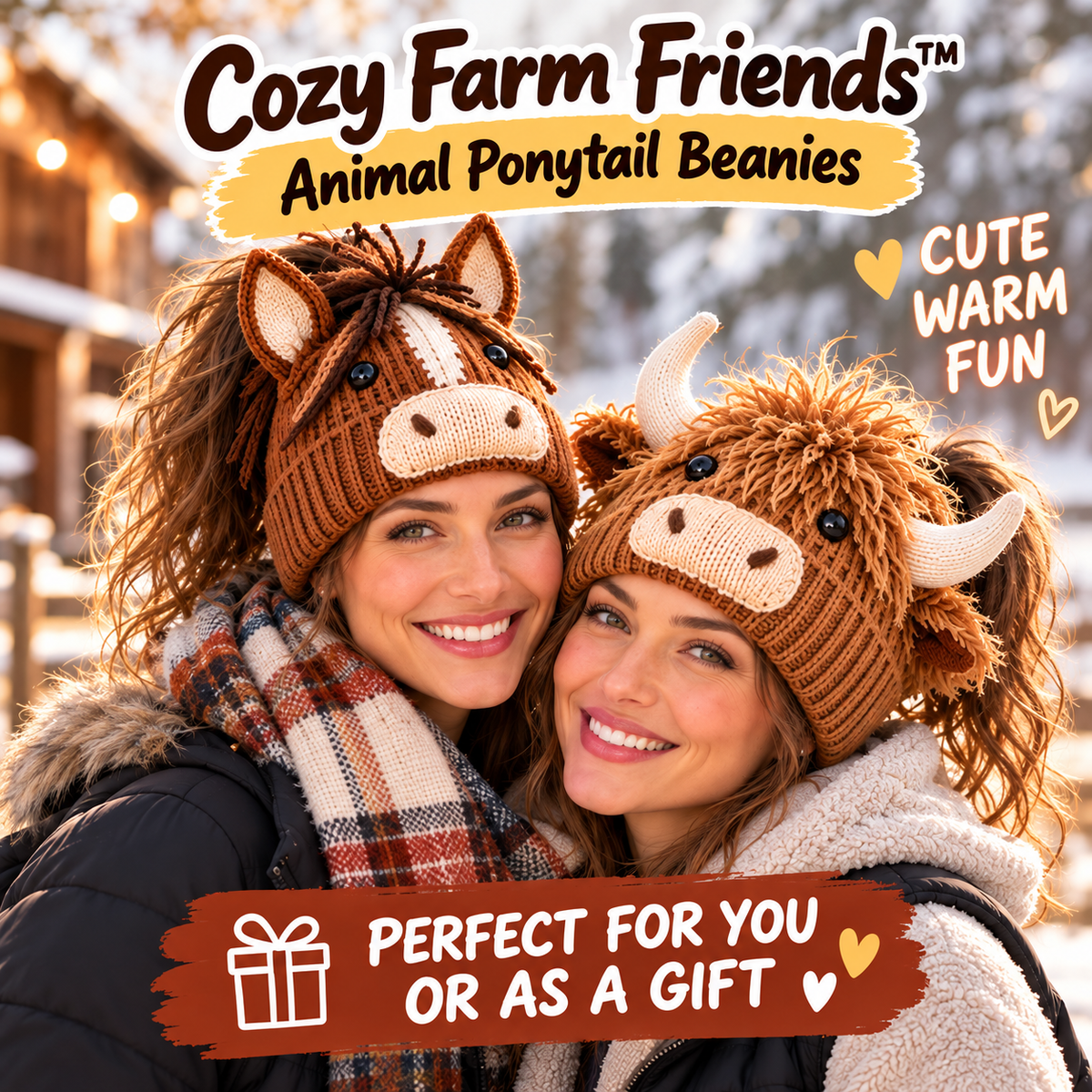 Two women wearing Highland Cow and Horse ponytail beanies in a cozy winter setting
