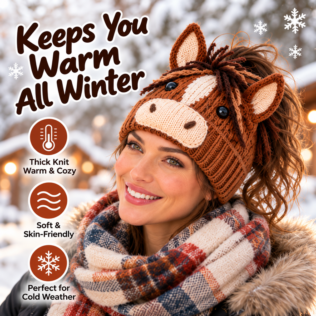 🐮🐴 Highland Cow & Horse Ponytail Beanie – Cozy Winter Hat