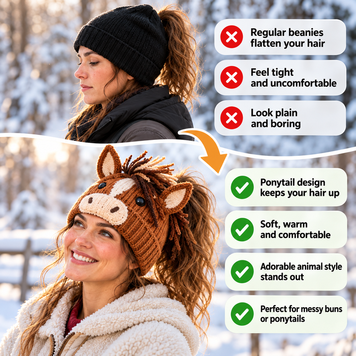 Ponytail beanie compared with a regular winter hat showing the convenient hair opening