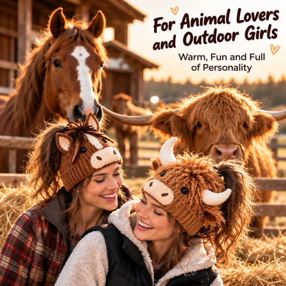 🐮🐴 Highland Cow & Horse Ponytail Beanie – Cozy Winter Hat