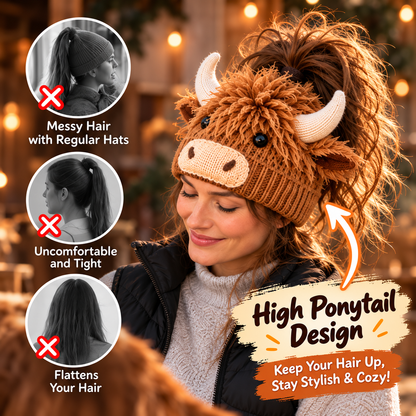 🐮🐴 Highland Cow & Horse Ponytail Beanie – Cozy Winter Hat