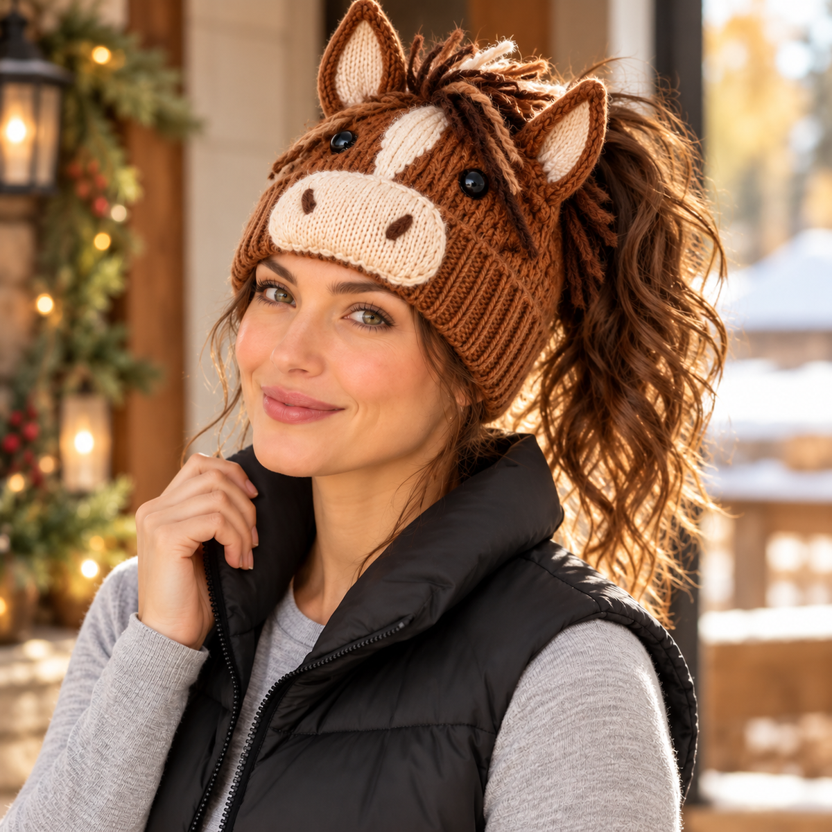 Woman wearing brown knitted horse ponytail beanie with ears and cream horse muzzle