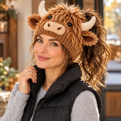 🐮🐴 Highland Cow & Horse Ponytail Beanie – Cozy Winter Hat