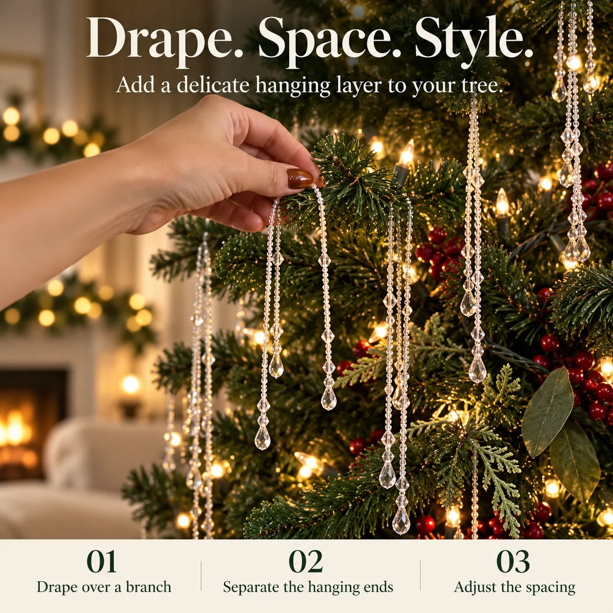 ✨ Reusable Clear Beaded Tinsel – Teardrop Icicle Strands for Christmas Trees（15pcs）