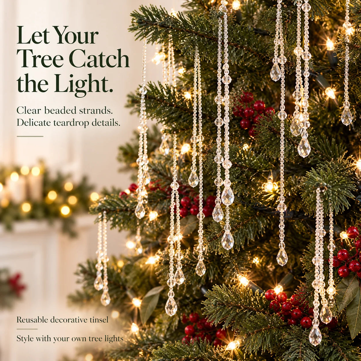 ✨ Reusable Clear Beaded Tinsel – Teardrop Icicle Strands for Christmas Trees（15pcs）