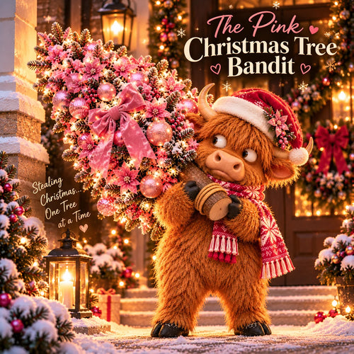 🎄🐮 Pinkmas Tree Thief™ – Lighted Highland Cow Porch Decor 🎀