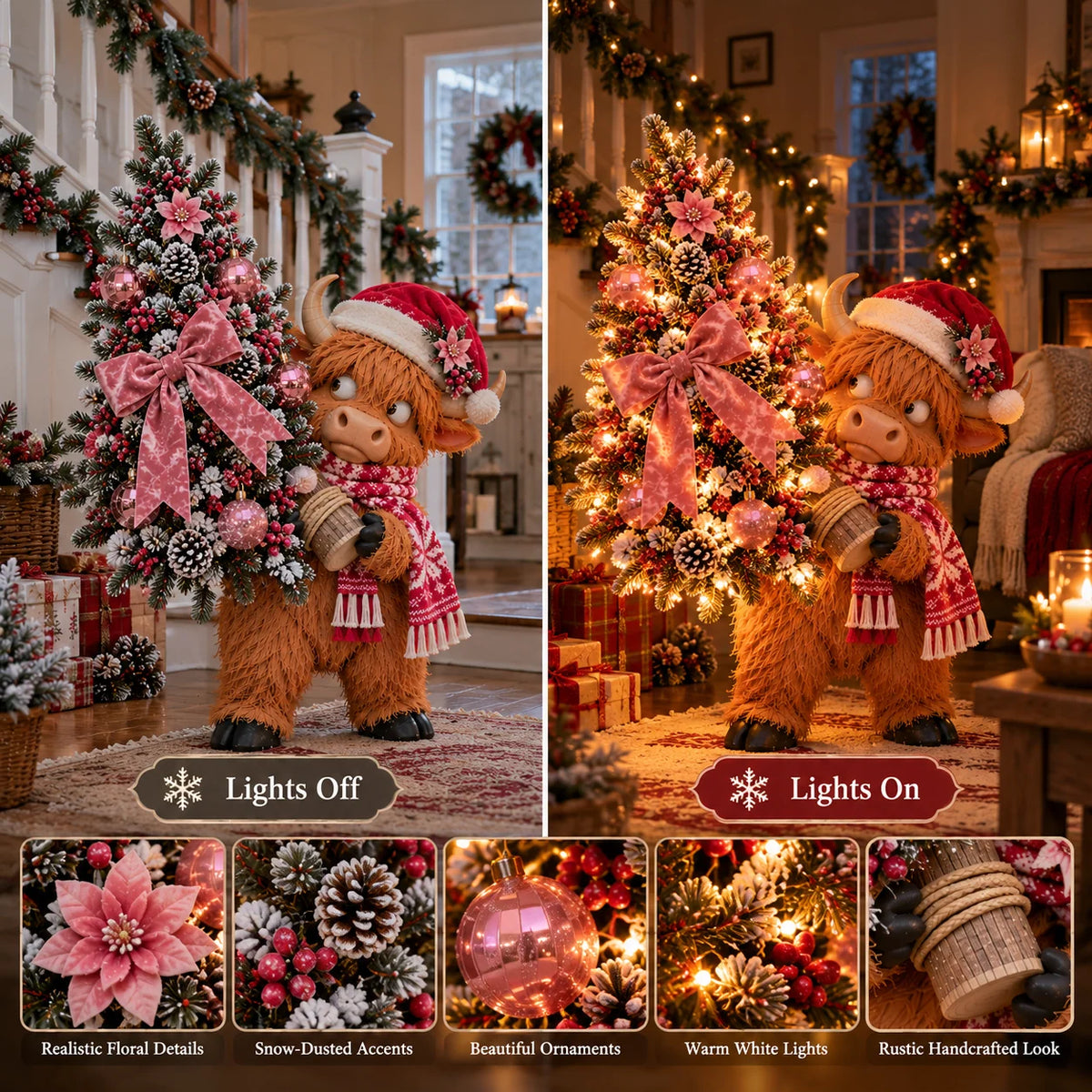 🎄🐮 Pinkmas Tree Thief™ – Lighted Highland Cow Porch Decor 🎀
