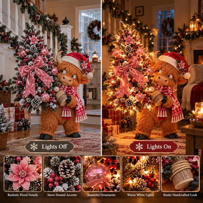 🎄🐮 Pinkmas Tree Thief™ – Lighted Highland Cow Porch Decor 🎀