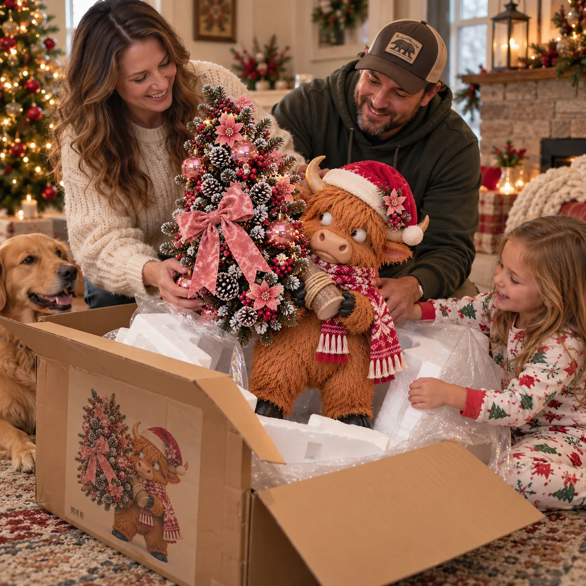 🎄🐮 Pinkmas Tree Thief™ – Lighted Highland Cow Porch Decor 🎀