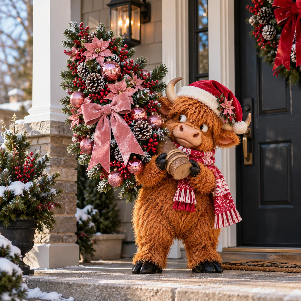 🎄🐮 Pinkmas Tree Thief™ – Lighted Highland Cow Porch Decor 🎀