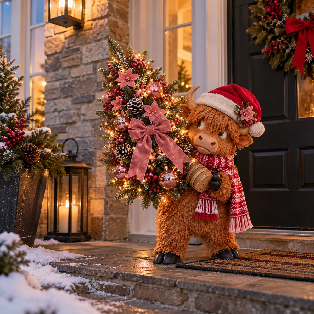 🎄🐮 Pinkmas Tree Thief™ – Lighted Highland Cow Porch Decor 🎀