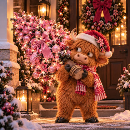 🎄🐮 Pinkmas Tree Thief™ – Lighted Highland Cow Porch Decor 🎀