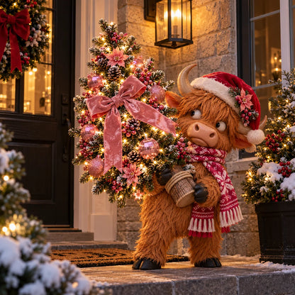 🎄🐮 Pinkmas Tree Thief™ – Lighted Highland Cow Porch Decor 🎀