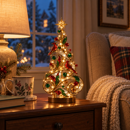 Lighted Stained Glass-Inspired Christmas Tree Tabletop Decor with Cardinal