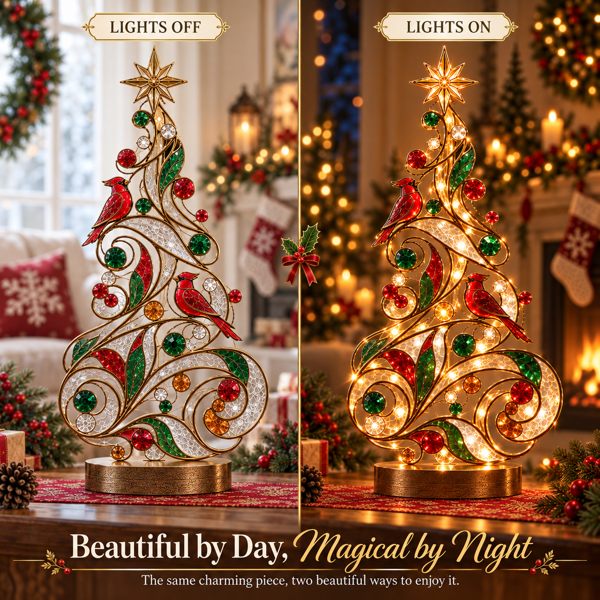 Lighted Stained Glass-Inspired Christmas Tree Tabletop Decor with Cardinal