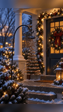 Solar LED Christmas tree hanging light glowing on porch