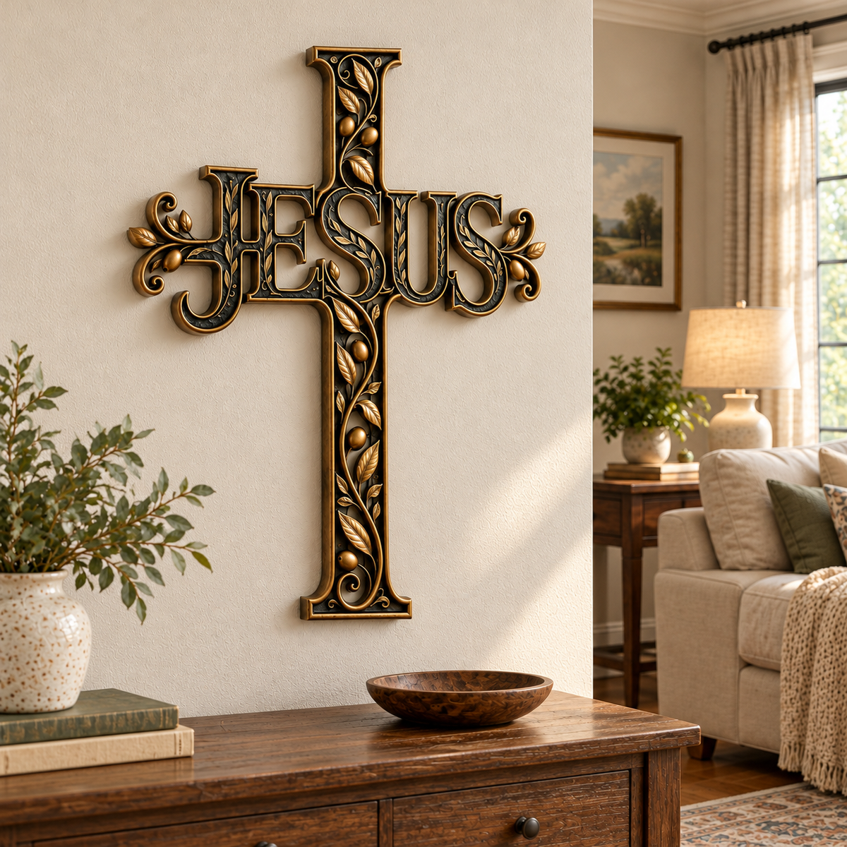 ✝️ His Name, Our Hope – JESUS Olive Vine Metal Cross Wall Art