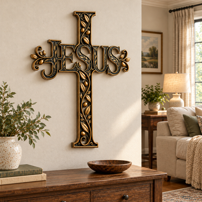 ✝️ His Name, Our Hope – JESUS Olive Vine Metal Cross Wall Art