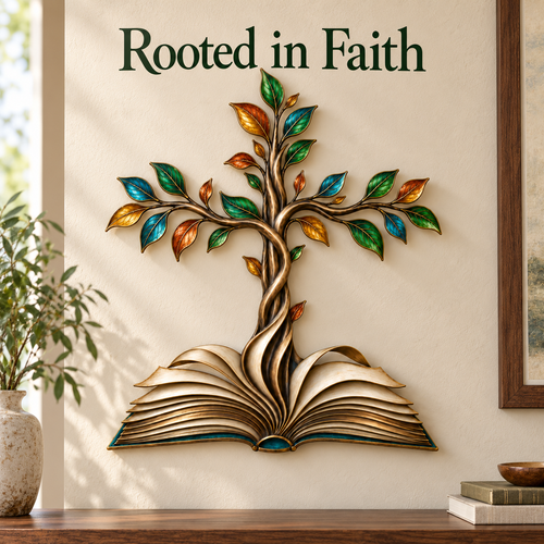 ✝️📖Rooted in Grace – Book & Cross Tree Metal Wall Art
