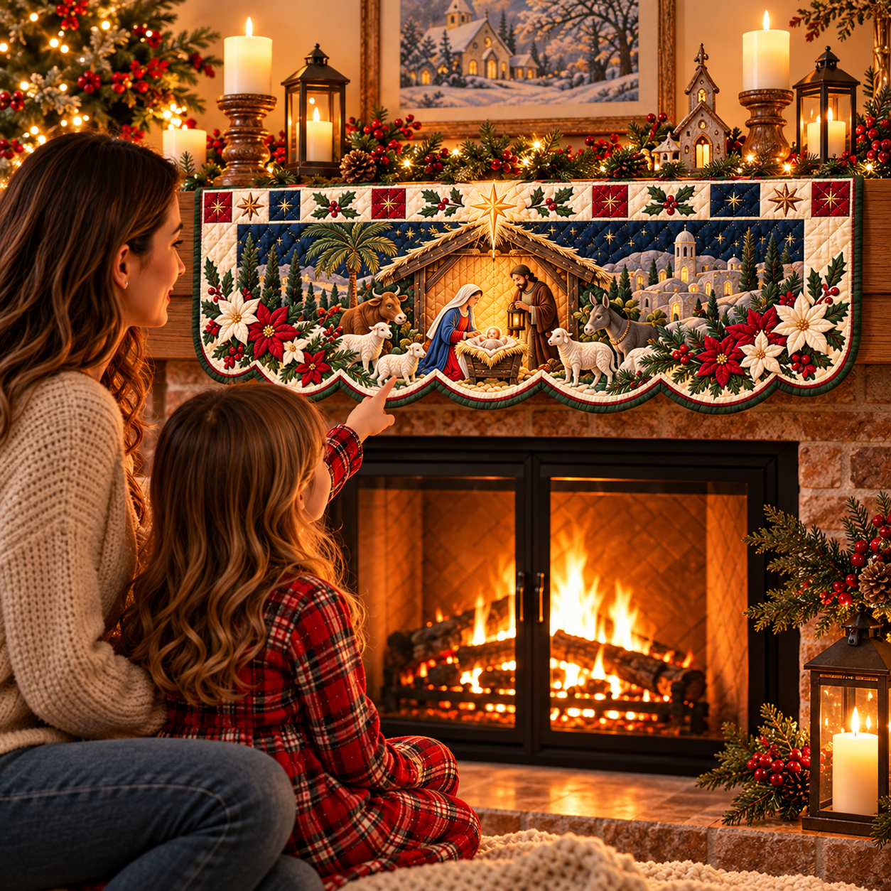 Mother and daughter enjoying a Christmas moment beside the decorated mantel
