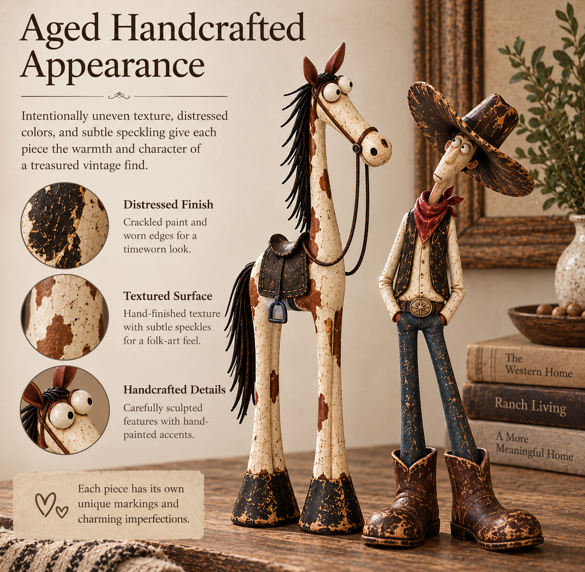 Close views of distressed color, speckled surface texture and sculpted details on the cowboy and horse.